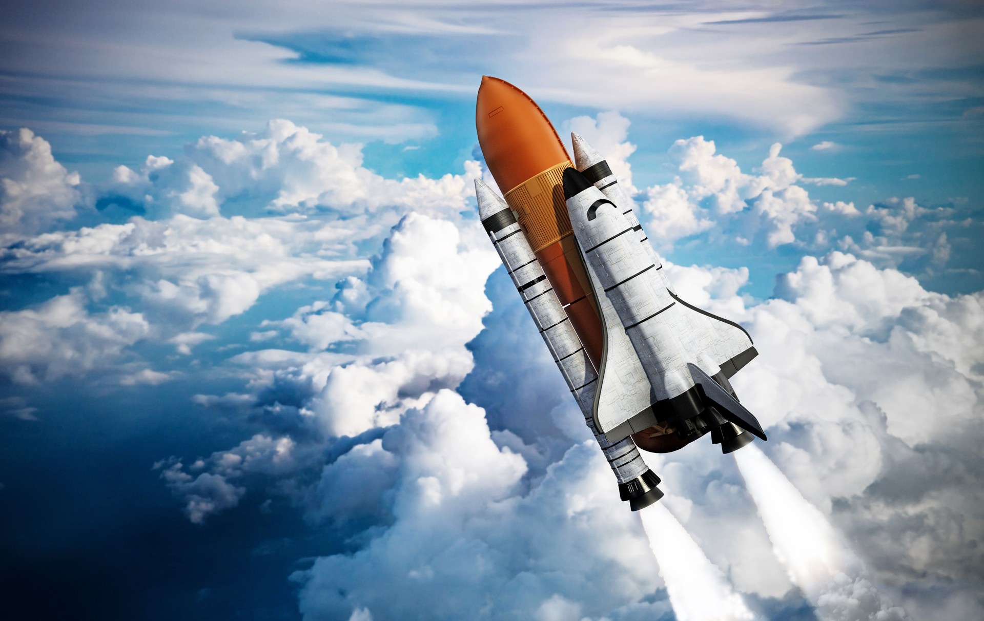 Space shuttle and launch rockets leave the Earth's atmosphere
